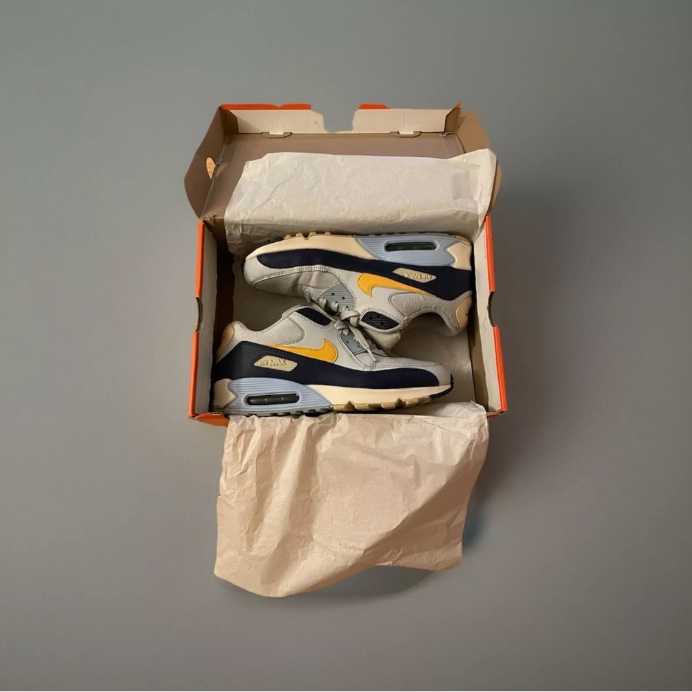 2018 Nike Air Max 90 PURE PLATINUM/BLUE VOID-ROYAL TINT-YELLOW OCHRE [9.5M]
